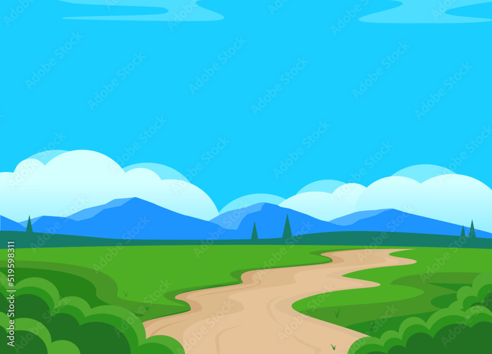 Vector landscape in cartoon style with field, dusty road, mountains on background, and clouds. Green lawn. Nature illustration. Way. Vector landscape in cartoon style with field, dusty road, mountains on background, and clouds. Green lawn. Nature illustration. Way.