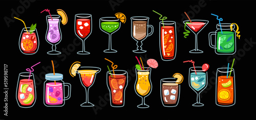 Cocktails collection, summer cold drinks. Fruit smoothies, milkshakes, juice, lemonade colored icons set. Cartoon flat