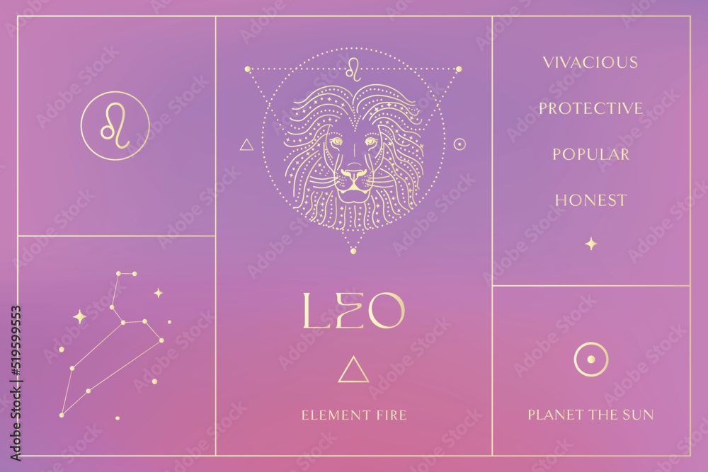 Leo Zodiac Sign Golden Design Illustrations. Esoteric Vector