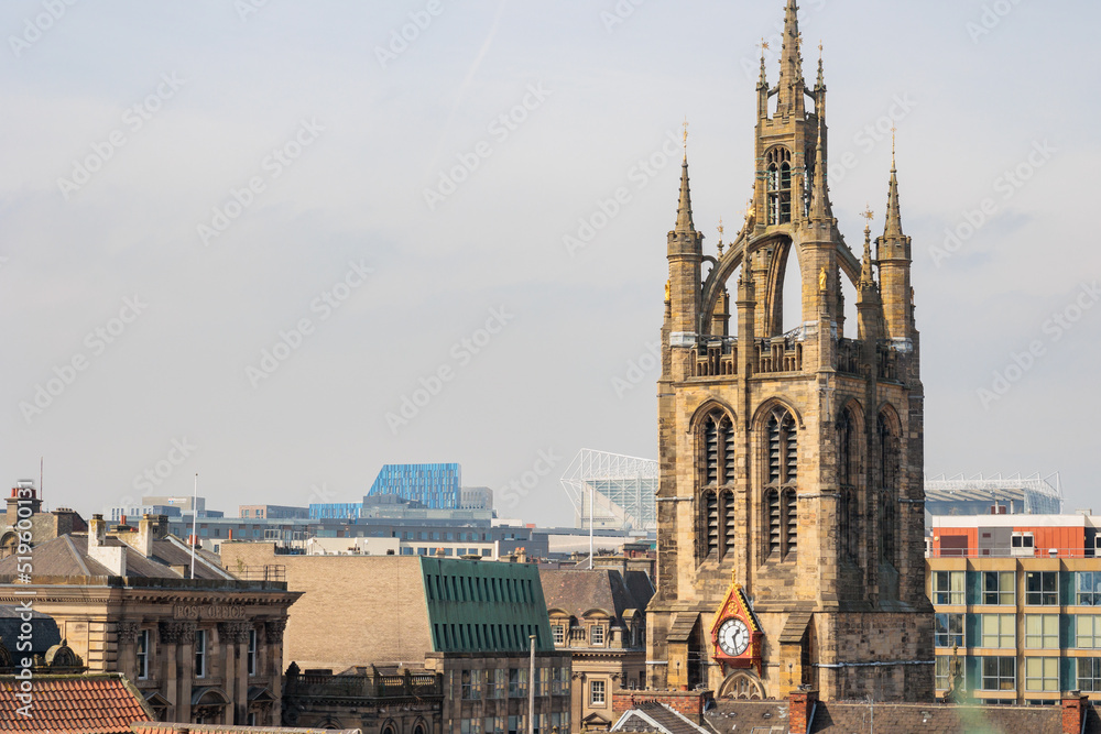 Newcastle upon Tyne England: April 2022: Newcastle city skyline view and St Nicholas Cathedral and St James Park in the background