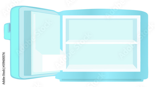 A blue mini fridge , open the door, empty, minimalistic illustration vector 