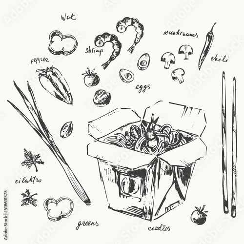 Fast food wok noodles takeaway sketch