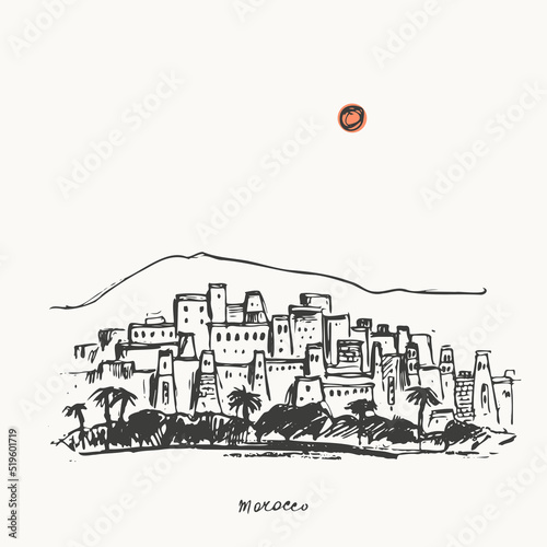 Hand drawn urban sketch of moroccan city buildings