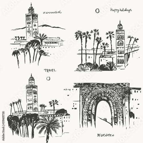 Hand drawn urban sketch of moroccan city buildings