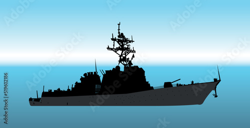 silhouette of a battleship Navy guided missile destroyer. US Navy Arleigh Burke-class Flight II guided missile destroyer. Vector image for illustrations and infographics.