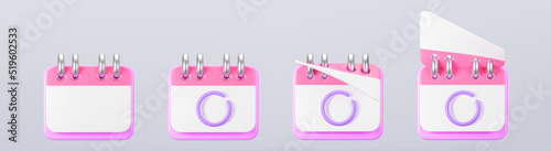 3d pink calendar icons with highlighted circle day and flipping pages. Save the date. Render of daily schedule planner with mark the date. Calendar important day concept. 3d cartoon simple vector.