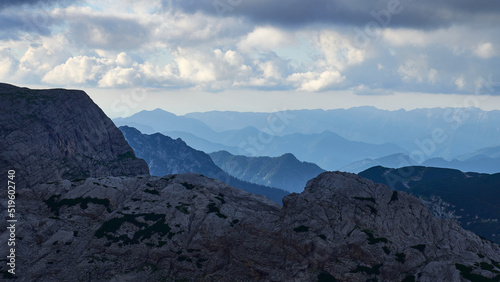 silent cold morning with may layers of rolling hills in the northern alps of Austria