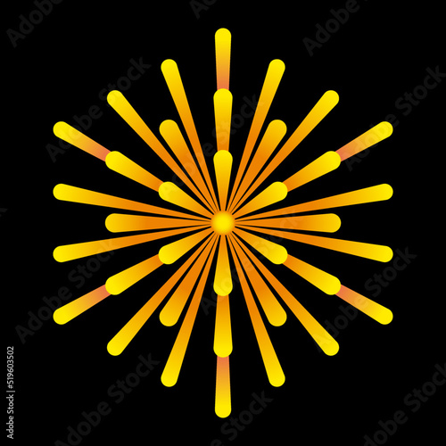 Golden sunbeams, symbol derived from the intersecting points of overlapping circles of a Flower of Life, connected with rays that appear like rays of the sun. Sacred Geometry. Illustration over black.