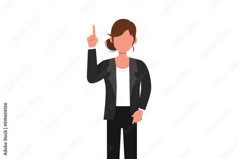 Business design drawing young businesswoman pointing up finger symbol. Female manager finger index up gesture or ideation. Emotion, body language. Flat cartoon style draw graphic vector illustration