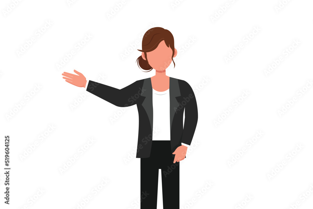 Business flat drawing beautiful businesswoman in formal blazer presenting something. Young female manager showing something or presenting project. Cartoon draw graphic design vector illustration