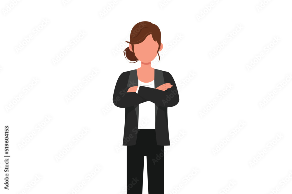 Business flat cartoon style drawing confident young businesswoman with keeping arms crossed. Active female manager or office worker standing with folded arms pose. Graphic design vector illustration Business flat cartoon style drawing confident young businesswoman with keeping arms crossed. Active female manager or office worker standing with folded arms pose. Graphic design vector illustration