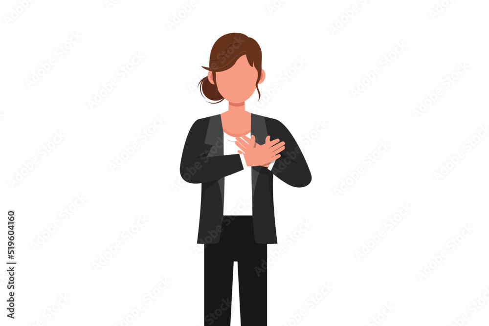 Business flat cartoon style drawing businesswoman keeping hands on chest. Female suffering from chest pain or heart attack. Health care. Emotion and body language. Graphic design vector illustration Business flat cartoon style drawing businesswoman keeping hands on chest. Female suffering from chest pain or heart attack. Health care. Emotion and body language. Graphic design vector illustration