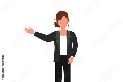 Business flat drawing beautiful businesswoman in formal blazer presenting something. Young female manager showing something or presenting project. Cartoon draw graphic design vector illustration