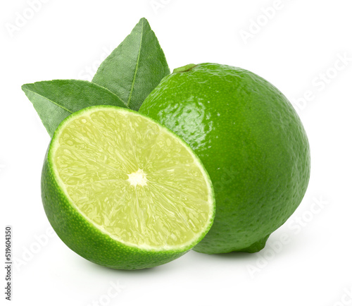 Natural fresh lime and lemon half with green leaf isolated on white background, cut out