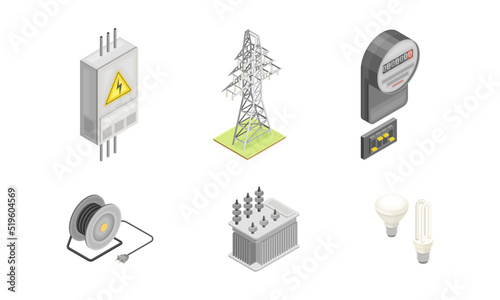 Electric equipment set. Electrical power objects isometric vector illustration