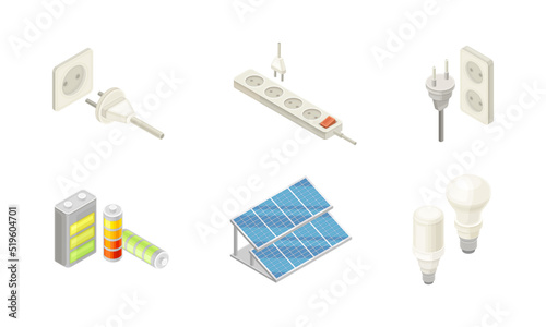 Electric equipment set. Electrical power objects, solar pannel, battery, plug, socket and light bulb isometric vector illustration