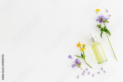 Cosmetic bottle with pipette and medicinal herbs essential oil photo