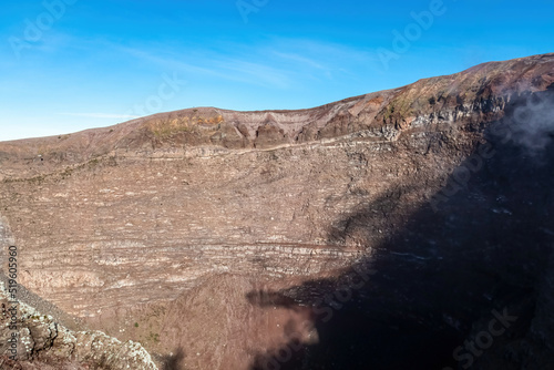 Panoramic view on the edge of the active volcano crater of Mount Vesuvius  Province of Naples  Campania region  Southern Italy  Europe  EU. Volcanic landscape full of stones  ashes and solidified lava