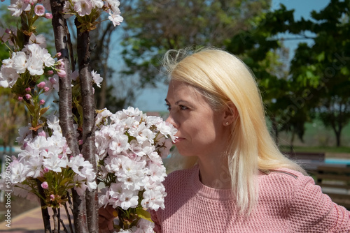A young blonde girl smells sakura flowers. Side view. Spring sunny day. Close-up. Dressed in a knitted sweater