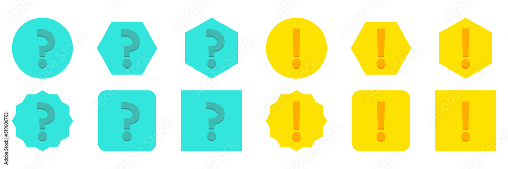 Question mark Icon Set, FAQ sign, Help symbol. Exclamation mark Icon Set, Attention sign, Caution icon, Hazard warning symbol. Light blue and Yellow style. Question mark Icon Set, FAQ sign, Help symbol. Exclamation mark Icon Set, Attention sign, Caution icon, Hazard warning symbol. Light blue and Yellow style.