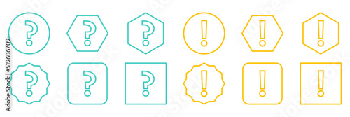 Question mark Icon Set, FAQ sign, Help symbol. Exclamation mark Icon Set, Attention sign, Caution icon, Hazard warning symbol. Light blue and Yellow style.