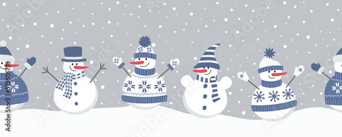 Cute snowmen rejoice in winter holidays. Seamless border. Christmas background. Five different snowmen in blue winter clothes under the snow. Can be used as a template for a greeting card. Vector photo