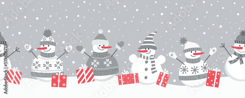 Happy snowmen rejoice in winter holidays. Seamless border. Christmas background. Five different snowmen with gifts under the snow. Can be used as a template for a greeting card. Vector illustration