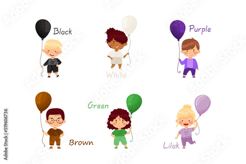 Set of cute kids holding balloons of different colors. Adorable boys and girls dressed black, white, purple, brown, green, lilac costumes cartoon vector illustration