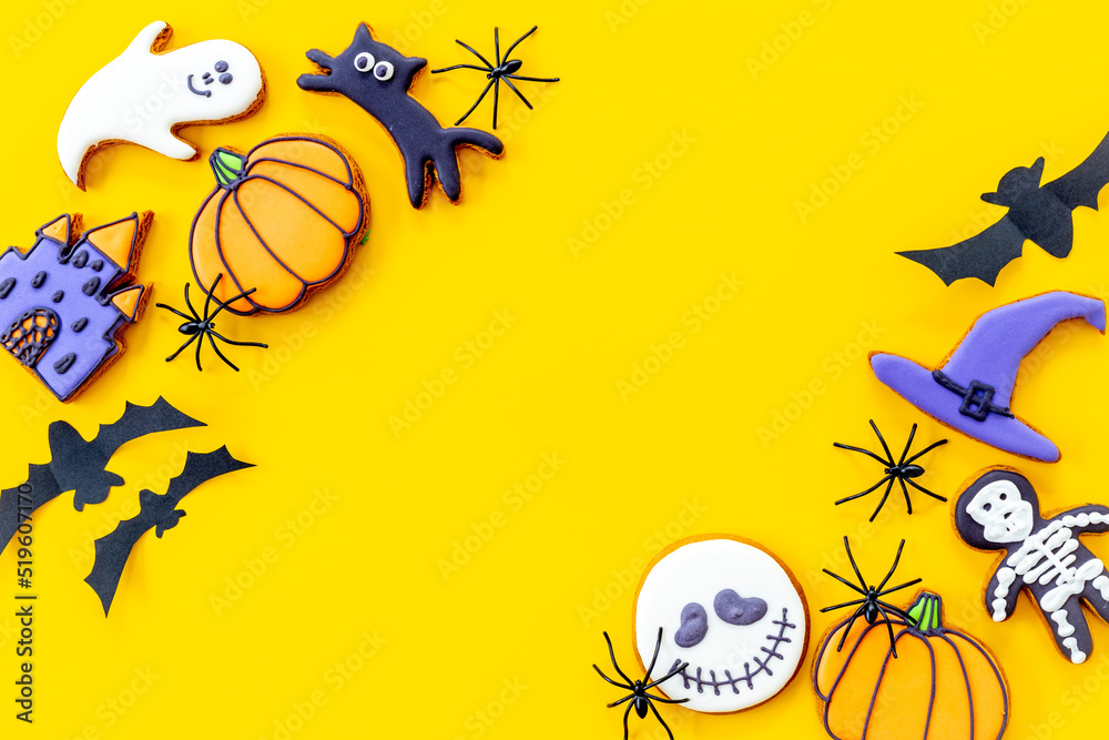 Funny cookies and spiders for Halloween party background