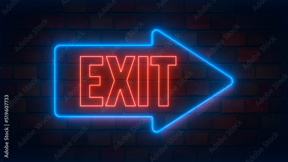 Blue neon exit sign on dark brick wall Blue neon exit sign on dark brick wall