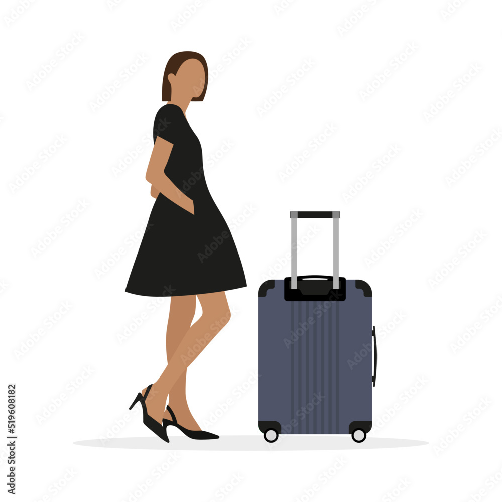 A female character is standing near a suitcase on wheels on a white background A female character is standing near a suitcase on wheels on a white background