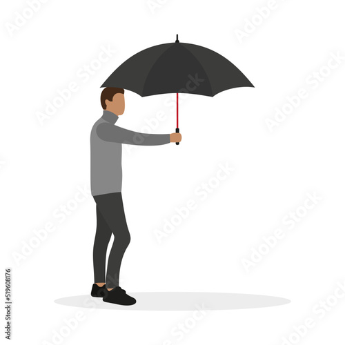 Male character holding an opened umbrella in his hand on a white background