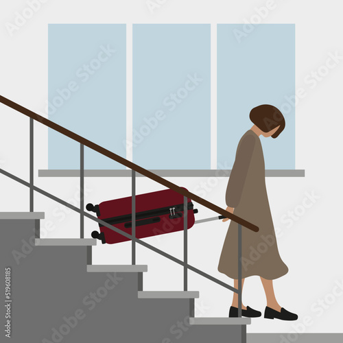 Female character with a suitcase going down the stairs