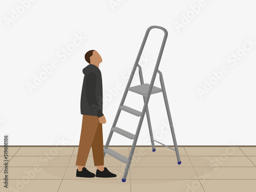 A male character stands near a ladder and looks up indoors