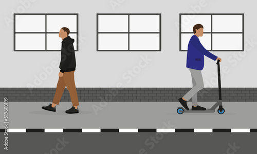 Two male characters, one of whom is on a scooter, are moving along the sidewalk in different directions