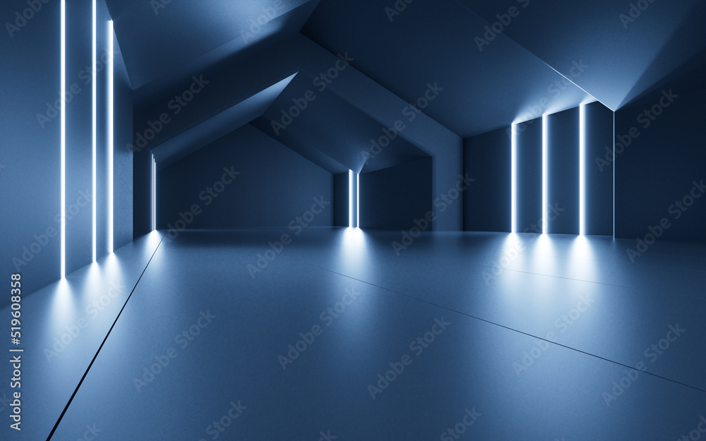 Blue neon tunnel turn the corner, 3d rendering.
