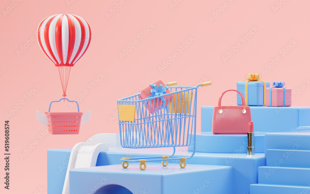 Fototapeta premium Shopping cart and handbags on the blue stage, 3d rendering.