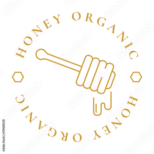 Vector label for bee honey. Honeycombs with honey, and a symbolic simplified image of a bee as a design element. Organic and eco honey labels and tags with bees.