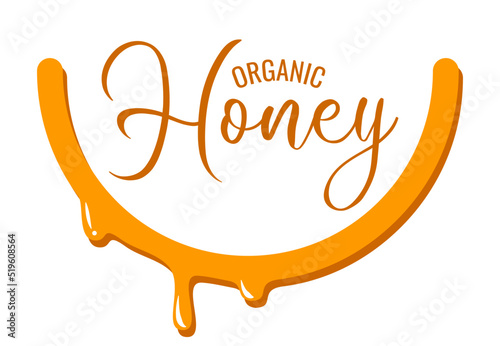 Vector label for bee honey. Honeycombs with honey, and a symbolic simplified image of a bee as a design element. Organic and eco honey labels and tags with bees.