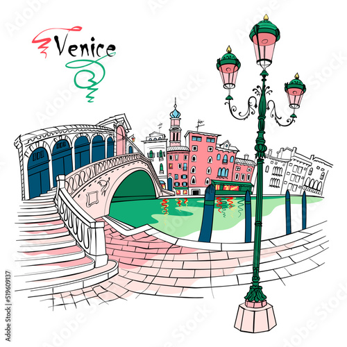 Vector typical venetian streetlight and Rialto Bridge over the Grand Canal in Venice, Italia.