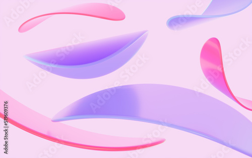 Abstract circular glass and curves with pink background, 3d rendering.