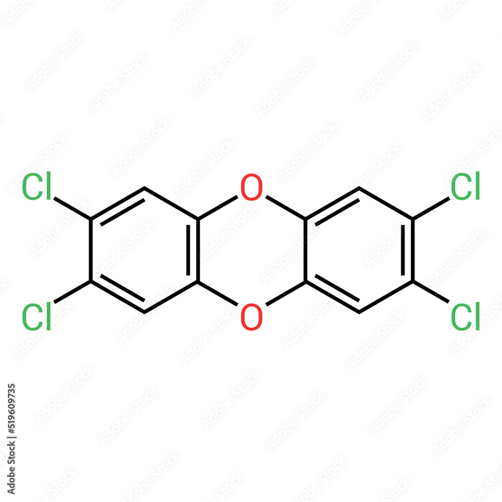 chemical structure of 2,3,7,8-Tetrachlorodibenzodioxin or dioxin (C12H4Cl4O2) chemical structure of 2,3,7,8-Tetrachlorodibenzodioxin or dioxin (C12H4Cl4O2)