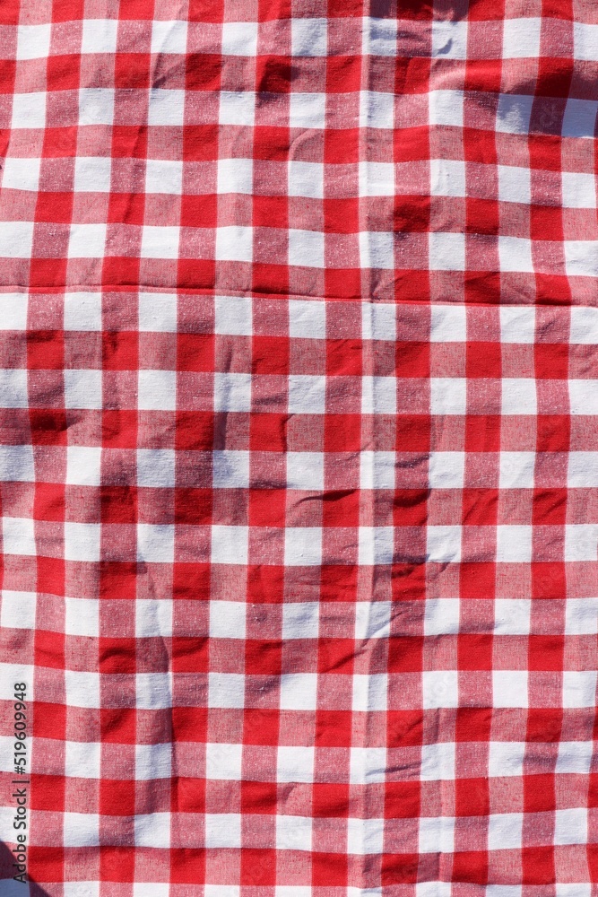 Red checkered picnic tablecloth as background, top view