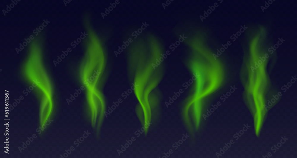 Realistic green smoke, bad smell concept, toxic stinky clouds transparent effect. Green fume isolated on a dark background. Vector illustration. - obrazy, fototapety, plakaty 