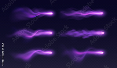 Magic arrows effect, purple light trails with colorful haze, realistic witch spell blast in motion. Vector illustration.