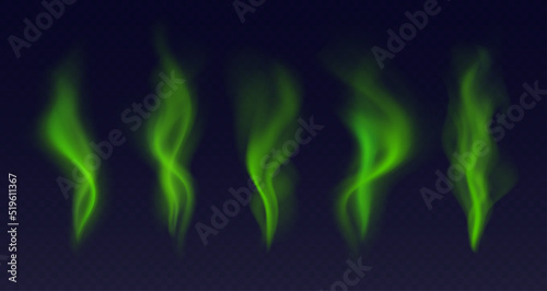 Realistic green smoke, bad smell concept, toxic stinky clouds transparent effect. Green fume isolated on a dark background. Vector illustration.