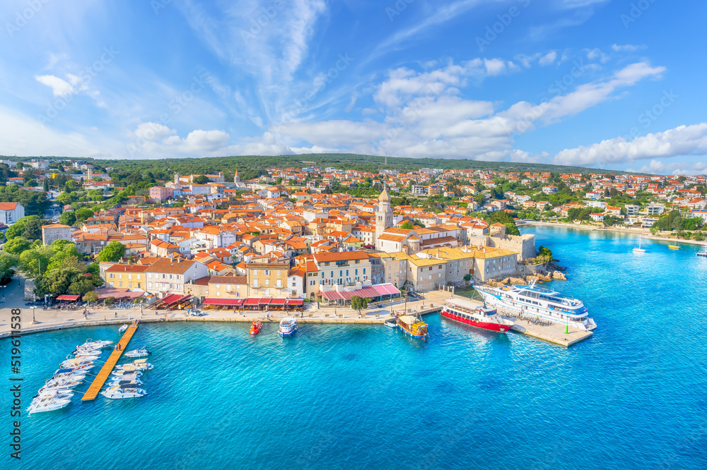 Aerial view with Krk town in Krk island, Croatia