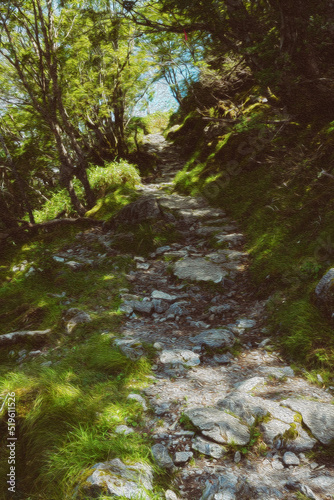 絵画風にレタッチした登山道の風景