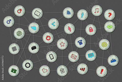 Social media concept. Social icons on round stones connected by lines on a gray background. Communication.