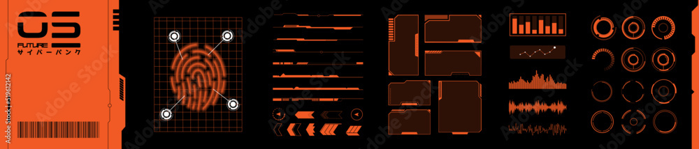 Conjunto de elementos de realidad virtual. Colección de objetos de interfaz al estilo cyberpunk. Diseño futurista para su aplicación, software, marco. Futuros objetos vectoriales de 2077.